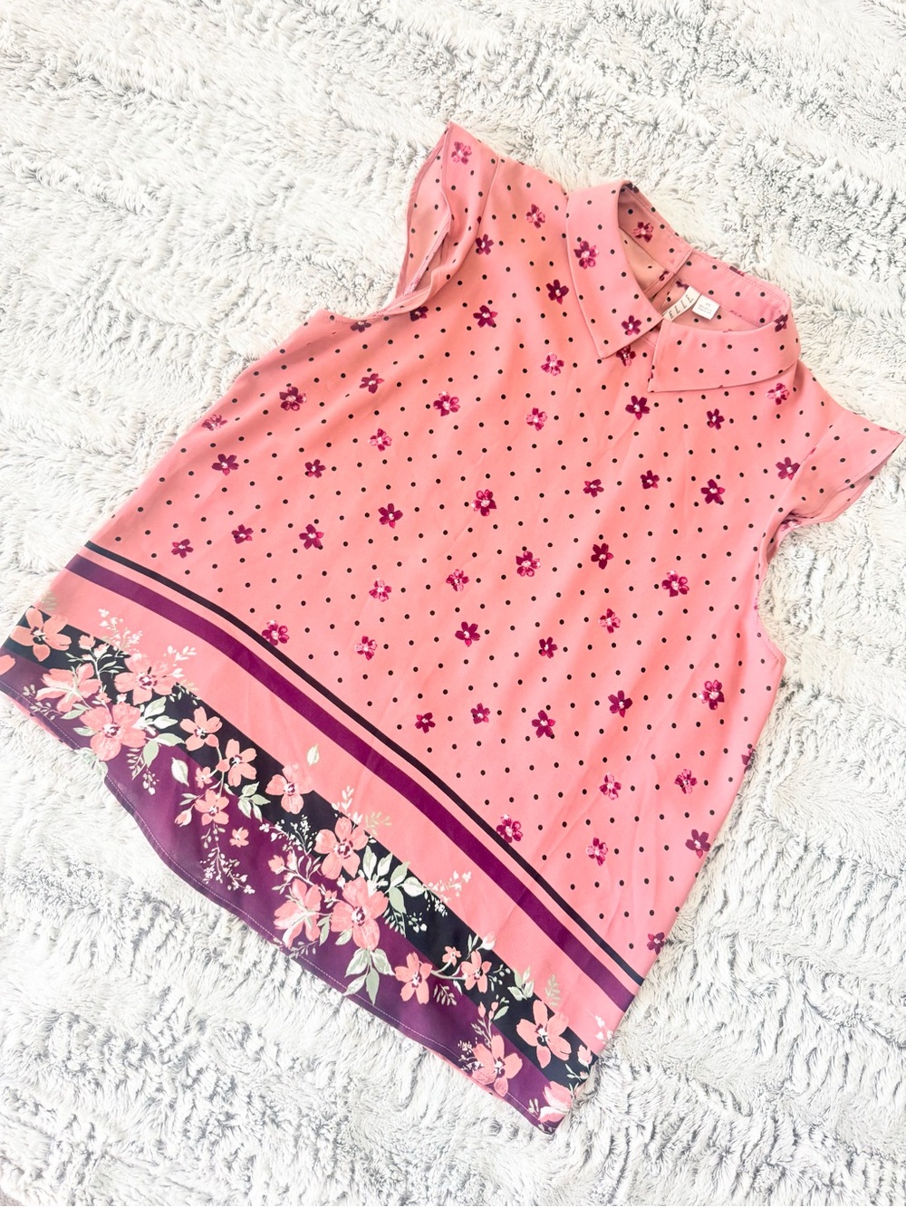 Elle Pink Floral Dot Border Cap Sleeve Blouse